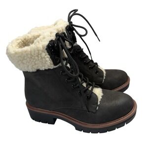 MIA Regis Black Faux Fur Shearling Hiker Boots Lug Sole Ankle Booties Women's 6M
